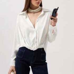 Bel Büzgülü Crop Saten Gömlek