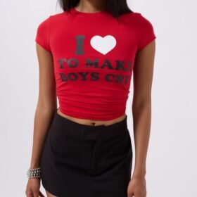 Nakış Detay Baskılı Crop T-Shirt