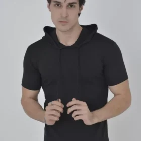 Erkek Kapşonlu Slim Fit T-shirt - Siyah