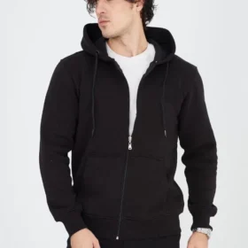 Erkek Kapüşonlu Düz Fermuarlı Hırka - Siyah