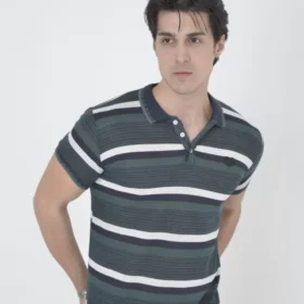 Erkek Yakalı Slim Fit Dokuma Çizgili T-Shirt - Haki