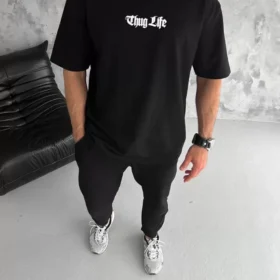 Unisex Bisiklet Yaka Baskılı Oversize T-Shirt - Siyah