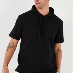 Unisex Kapşonlu Kısa Kol Düz Oversize T-shirt - Siyah