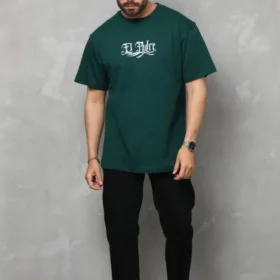 Unisex Bisiklet Yaka Baskılı Oversize T-Shirt - Yeşil