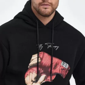 Unisex Kapüşonlu Üç İplik Oversize Baskılı Sweatshirt - Siyah