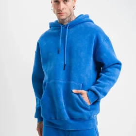 Unisex Double Oversize Kapşonlu Yıkamalı SweatShirt - Mavi