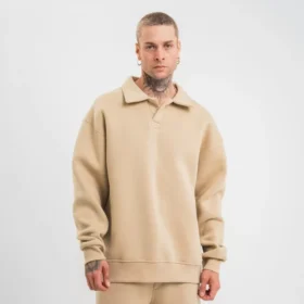 Unisex Double Oversize Patlı Yaka SweatShirt - Bej