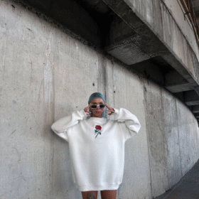 Oversize Üç İplik Bisiklet Yaka Baskılı SweatShirt - Beyaz