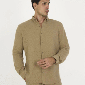 Düğmeli Tam Kalıp Uzun Kol Jakar Gömlek - Kahverengi