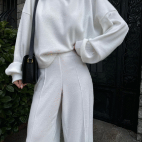 Crop, Pantolon Fitilli İkili Takım -Beyaz