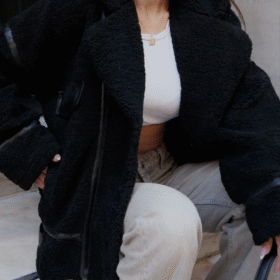 Cıt Cıt Detaylı Peluş Mont Ceket - Siyah