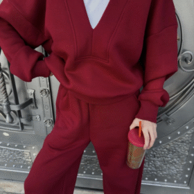 Geniş V Yaka Üç İplik Sweat Takım - Bordo