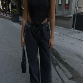 Arkadan Yırtmaçlı Jeans Kot Palazzo Pantolon - Siyah