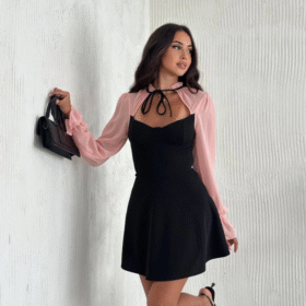 Göğsü Bağlamalı  Kalp Yaka Kolları Şifon Mini Elbise - Siyah Pembe