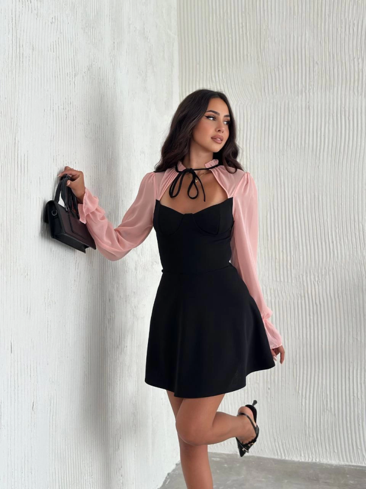 Göğsü Bağlamalı Kalp Yaka Kolları Şifon Mini Elbise - Siyah Pembe