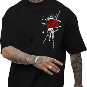 Erkek Bisiklet Yaka Kısa Kol Baskılı T-shirt - Siyah