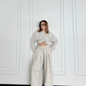 Uzun Kollu Önü İp Büzgülü  Crop Ve Pantolon İkili Takım - Gri