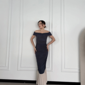 Striptiz Omuzlu Uzun Elbise- Füme