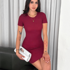 Bisiklet Yaka Kısa Kol Likralı Elbise - Bordo