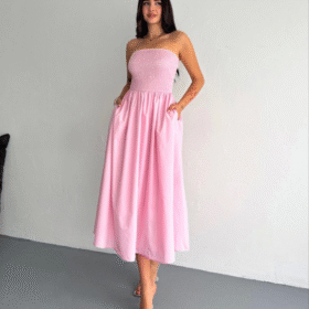Straplez Pileli Elbise - Pembe