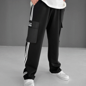 İki İplik Kumaş Kargo Cepli Şeritli Alt Esofman - Siyah