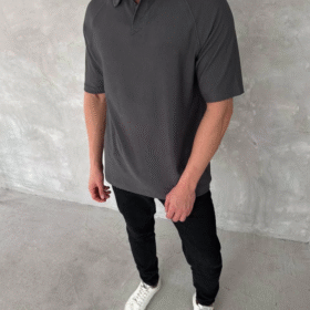 Yakalı Patlı Kısa Kol T-shirt - Antrasit