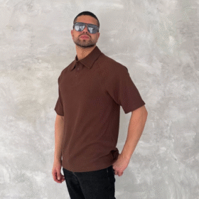 Yakalı Patlı Kısa Kol T-shirt - Kahverengi