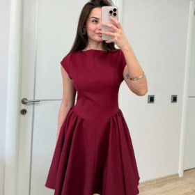 Sırt Dekolteli Çan Detaylı Mini Elbise - Bordo