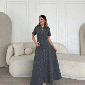 Kısa Kollu Önden Fermuarlı Çan Etekli Uzun Elbise - Antrasit