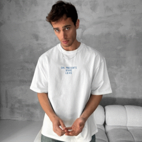 Ön Ve Arka Baskılı Oversize Bisiklet Yaka T-shirt- Beyaz