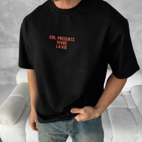 Ön Ve Arka Baskılı Oversize Bisiklet Yaka T-shirt- Siyah