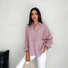 Arkası Asimetrik Yırtmaç Kesim Detaylı Cizgili Bluz Gömlek - Bordo