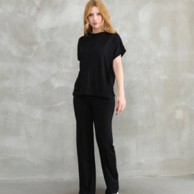 Osy Modal Yumuşak Dokulu Kumaş Bisiklet Yaka Kısa Kollu Takım - Siyah