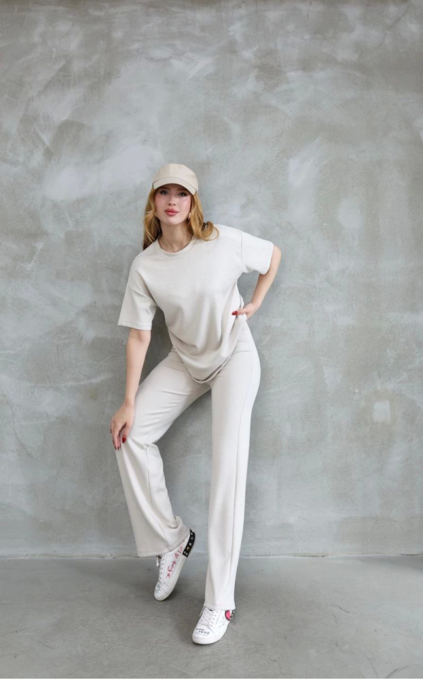 Osy Modal Yumuşak Dokulu Kumaş Bisiklet Yaka Taş Detaylı Kısa Kollu Takım - Kırık Beyaz - Görsel 3