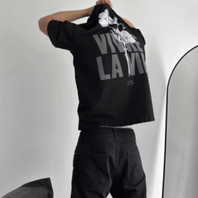 Baskılı Oversize Bisiklet Yaka T-shirt - Siyah