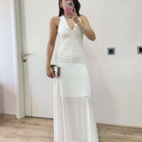 Sırt Dekolteli Uzun Kollu Elbise - Beyaz