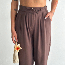 Yüksel Bel Rahat Paça Pantalon - Kahverengi