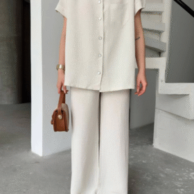 Keten Kısa Kollu Cepli Gömlek Pantolon Ikili Takım - Beyaz