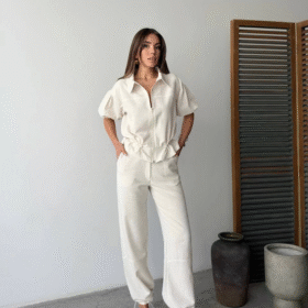 Keten Tam Fermuarlı Kısa Kollu Gömlek Pantolon Ikili Takım - Beyaz