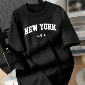 New York Baskılı Oversize Bisiklet Yaka T-shirt - Siyah
