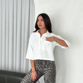 Crop Yakalı Gömlek Üç Çeyrek Sleeve Kol - Beyaz