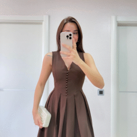 V Yaka Uzun Kolsuz Elbise- Kahverengi