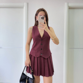 Takım Görünümlu Yelekli Mini Elbise- Bordo