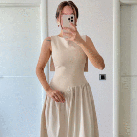 Arkası Kanatlı Uzun Elbise- Bej