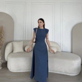 Keten Yandan Yırtmaçlı  Uzun Sıfır Kolsuz Elbise - Mavi