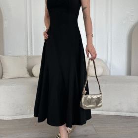 Sırt Dekolteli Kolsuz Uzun Elbise - Siyah