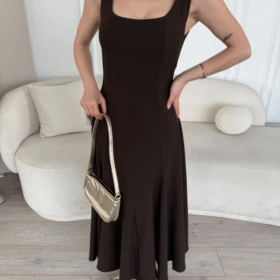 Sırt Dekolteli Kolsuz Uzun Elbise - Kahverengi