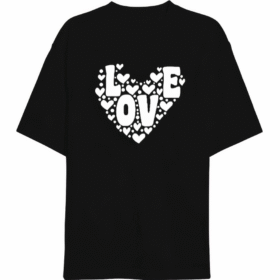 Sevgililer Günü İçin Özel Tasarım Love Kalp Baskılı T-shirt - Siyah