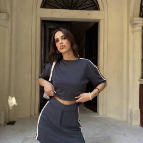 Osy Modal Yumuşak Dokulu Kumaş Parçalı Bisiklet Yaka T-shirt Mini Şortlu Etek İkili Takım - Füme