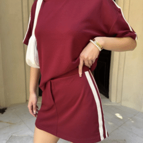 Osy Modal Yumuşak Dokulu Kumaş Parçalı Bisiklet Yaka T-shirt Mini Şortlu Etek İkili Takım -Bordo